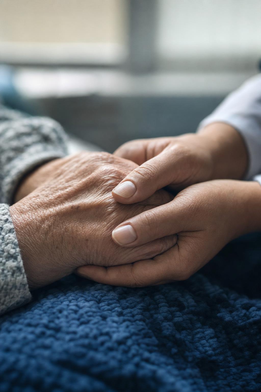 A clinician's hand resting reassuringly on a patient's hand